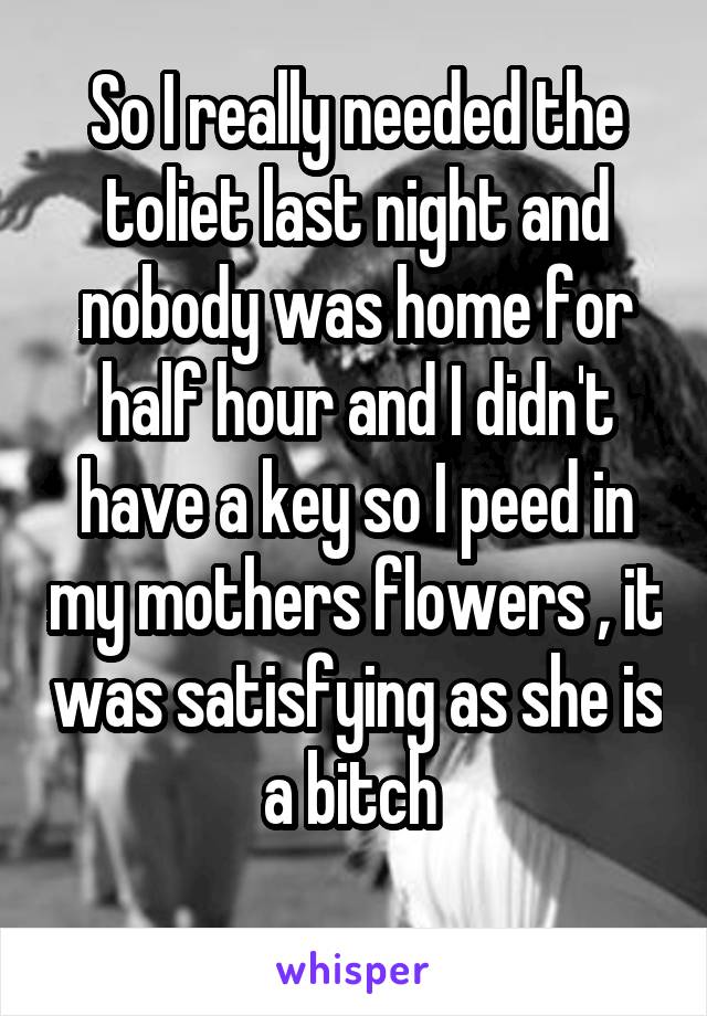 So I really needed the toliet last night and nobody was home for half hour and I didn't have a key so I peed in my mothers flowers , it was satisfying as she is a bitch 
