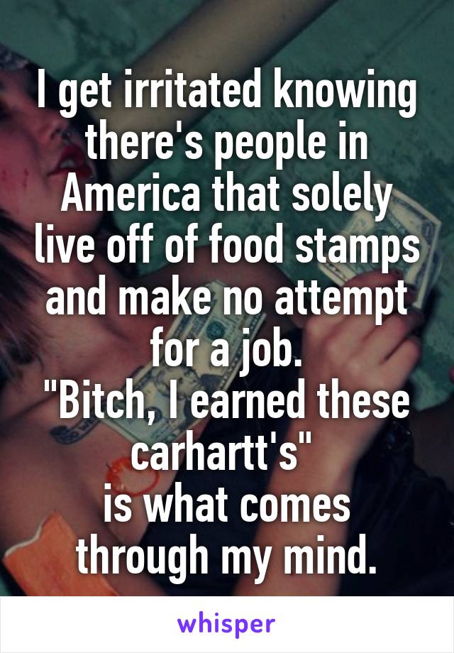 I get irritated knowing there's people in America that solely live off of food stamps and make no attempt for a job.
"Bitch, I earned these carhartt's" 
is what comes through my mind.