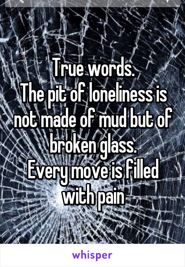 True words.
The pit of loneliness is not made of mud but of broken glass.
Every move is filled with pain