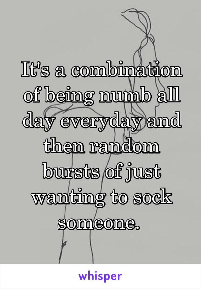 It's a combination of being numb all day everyday and then random bursts of just wanting to sock someone. 