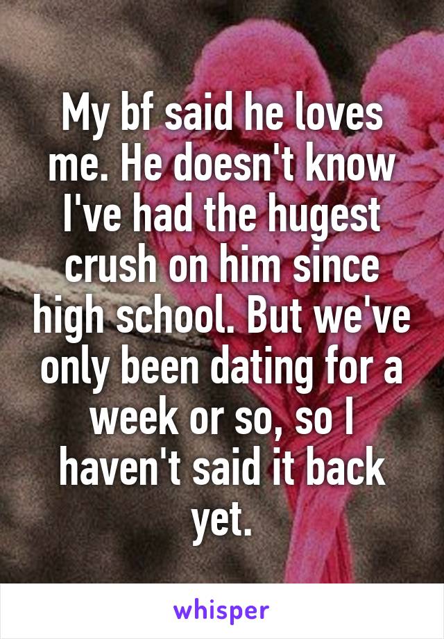 My bf said he loves me. He doesn't know I've had the hugest crush on him since high school. But we've only been dating for a week or so, so I haven't said it back yet.