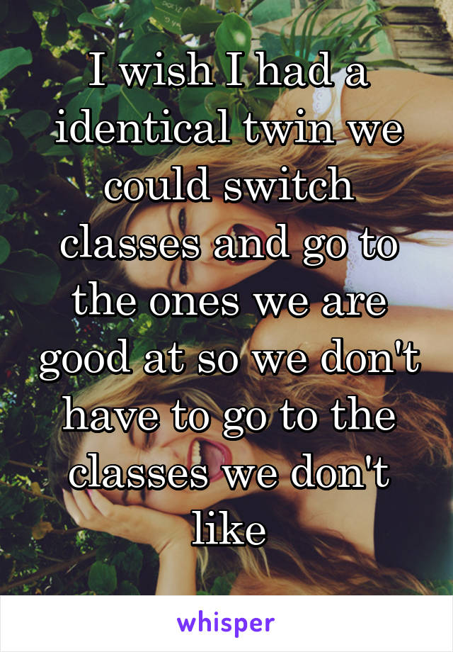 I wish I had a identical twin we could switch classes and go to the ones we are good at so we don't have to go to the classes we don't like
