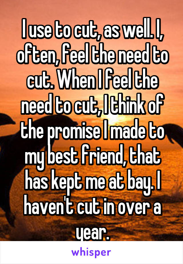 I use to cut, as well. I, often, feel the need to cut. When I feel the need to cut, I think of the promise I made to my best friend, that has kept me at bay. I haven't cut in over a year.