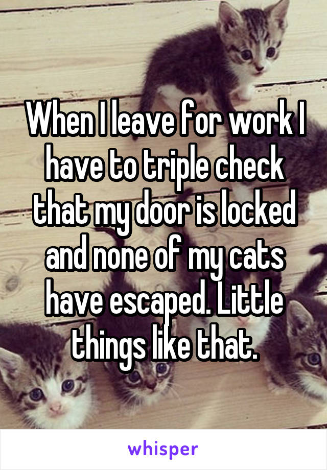 When I leave for work I have to triple check that my door is locked and none of my cats have escaped. Little things like that.