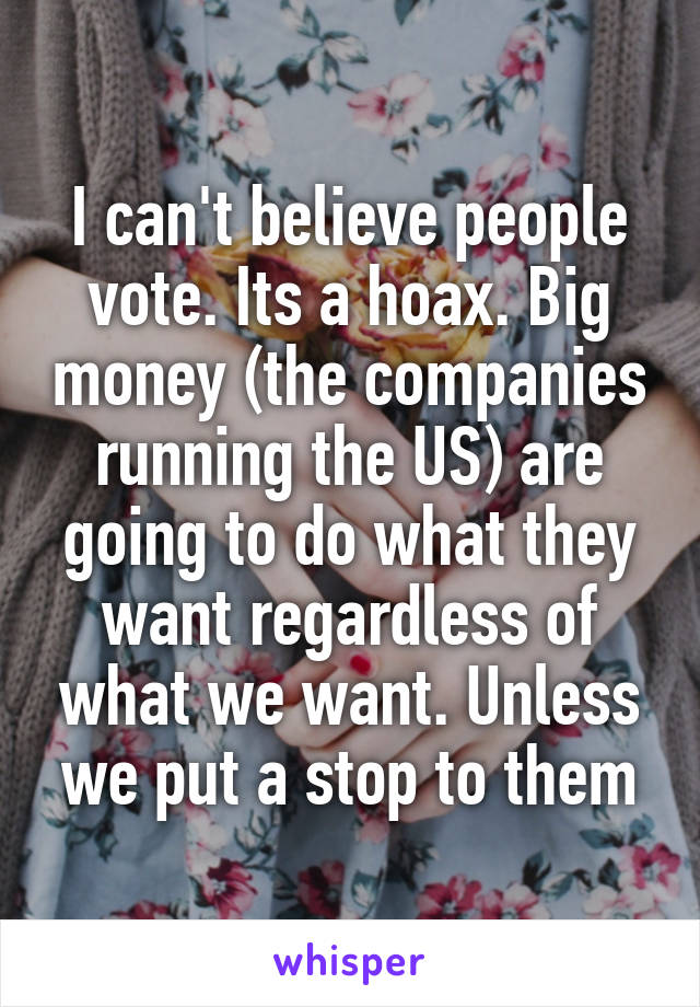 I can't believe people vote. Its a hoax. Big money (the companies running the US) are going to do what they want regardless of what we want. Unless we put a stop to them