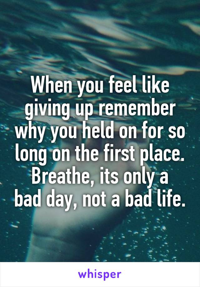 When you feel like giving up remember why you held on for so long on the first place.
Breathe, its only a bad day, not a bad life.