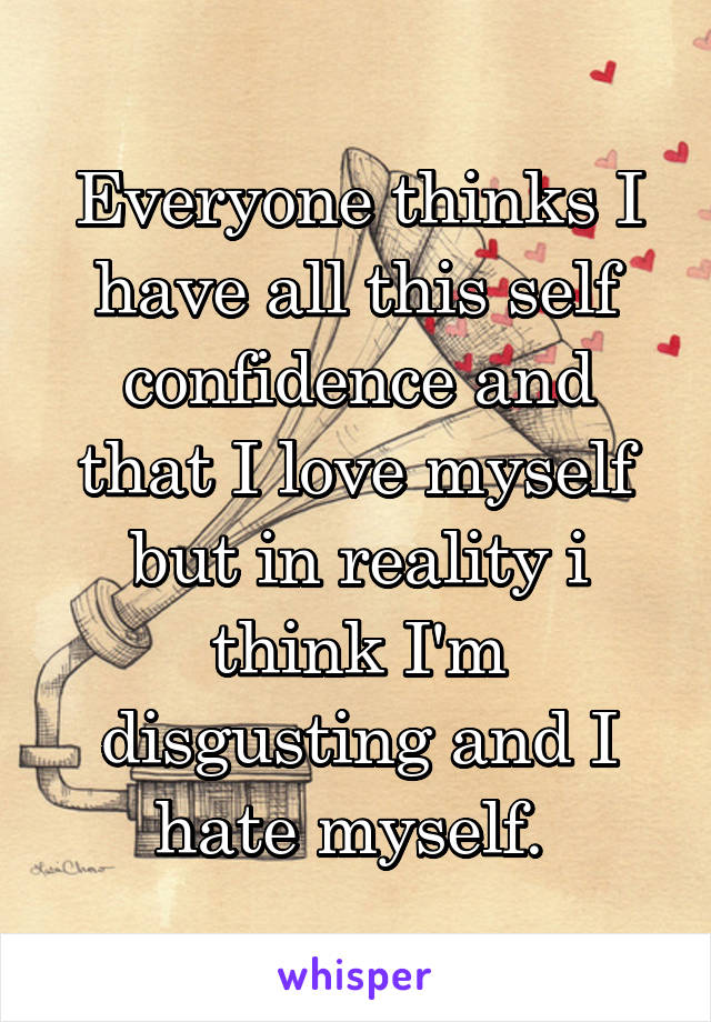 Everyone thinks I have all this self confidence and that I love myself but in reality i think I'm disgusting and I hate myself. 