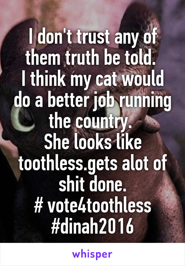 I don't trust any of them truth be told. 
I think my cat would do a better job running the country. 
She looks like toothless.gets alot of shit done.
# vote4toothless
#dinah2016