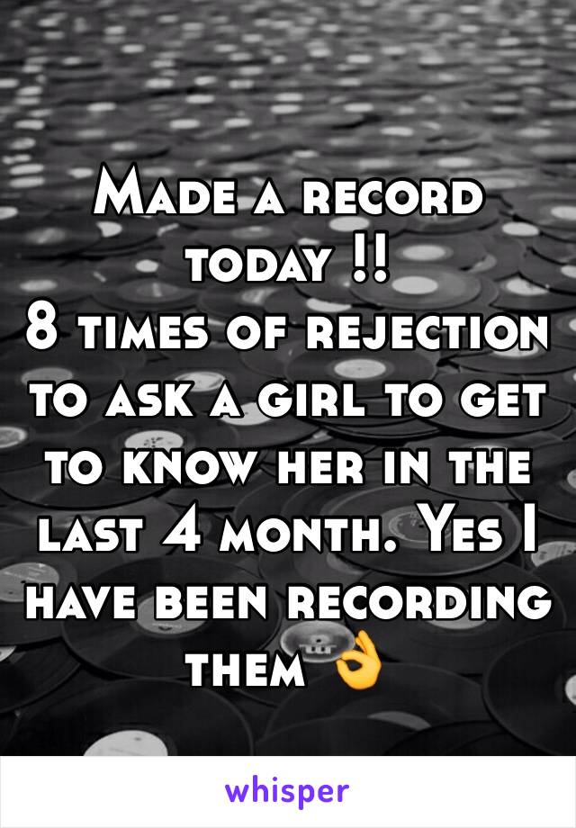 Made a record today !! 
8 times of rejection to ask a girl to get to know her in the last 4 month. Yes I have been recording them 👌