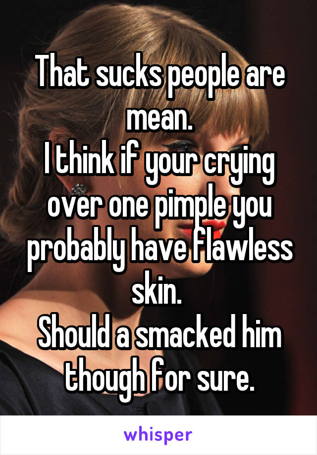 That sucks people are mean.
I think if your crying over one pimple you probably have flawless skin. 
Should a smacked him though for sure.