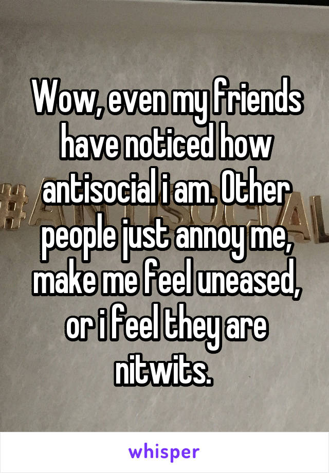 Wow, even my friends have noticed how antisocial i am. Other people just annoy me, make me feel uneased, or i feel they are nitwits. 