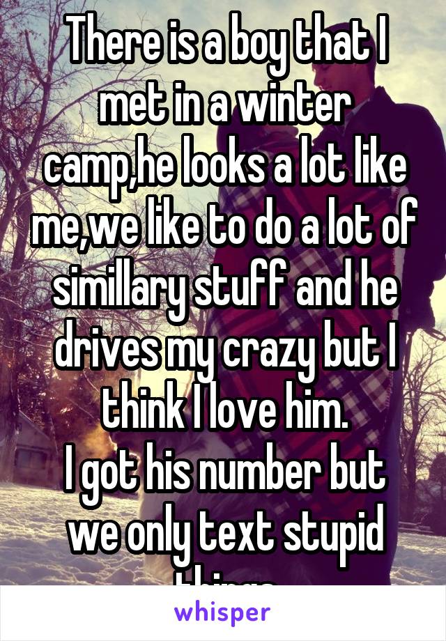 There is a boy that I met in a winter camp,he looks a lot like me,we like to do a lot of simillary stuff and he drives my crazy but I think I love him.
I got his number but we only text stupid things