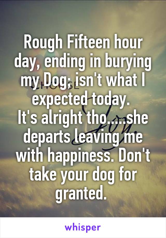 Rough Fifteen hour day, ending in burying my Dog; isn't what I expected today. 
It's alright tho.....she departs leaving me with happiness. Don't take your dog for granted. 