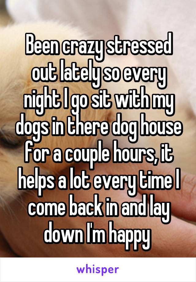 Been crazy stressed out lately so every night I go sit with my dogs in there dog house for a couple hours, it helps a lot every time I come back in and lay down I'm happy 