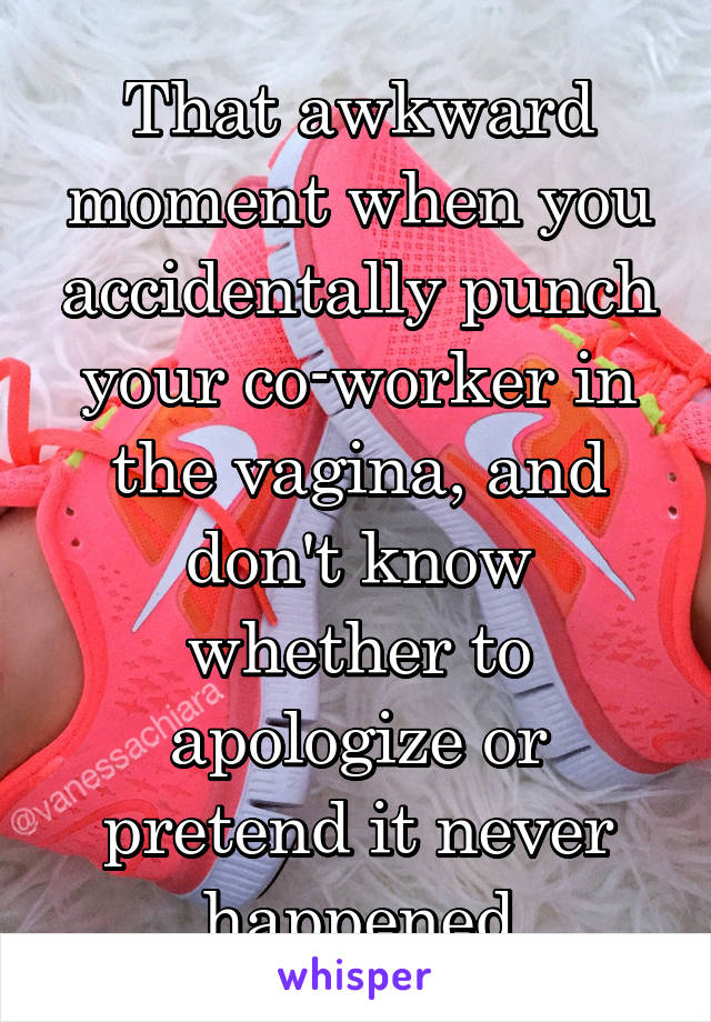 That awkward moment when you accidentally punch your co-worker in the vagina, and don't know whether to apologize or pretend it never happened