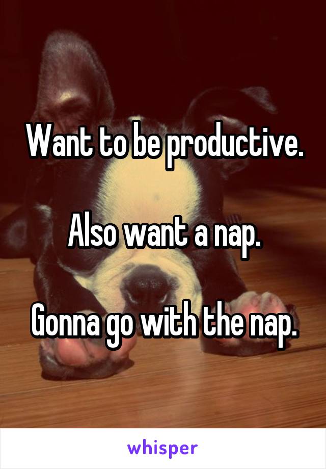 Want to be productive.

Also want a nap.

Gonna go with the nap.