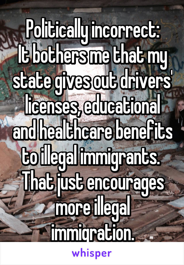 Politically incorrect:
It bothers me that my state gives out drivers' licenses, educational and healthcare benefits to illegal immigrants.  That just encourages more illegal immigration.