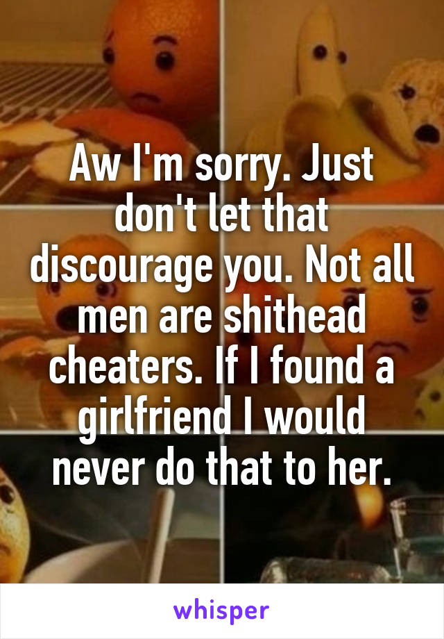 Aw I'm sorry. Just don't let that discourage you. Not all men are shithead cheaters. If I found a girlfriend I would never do that to her.