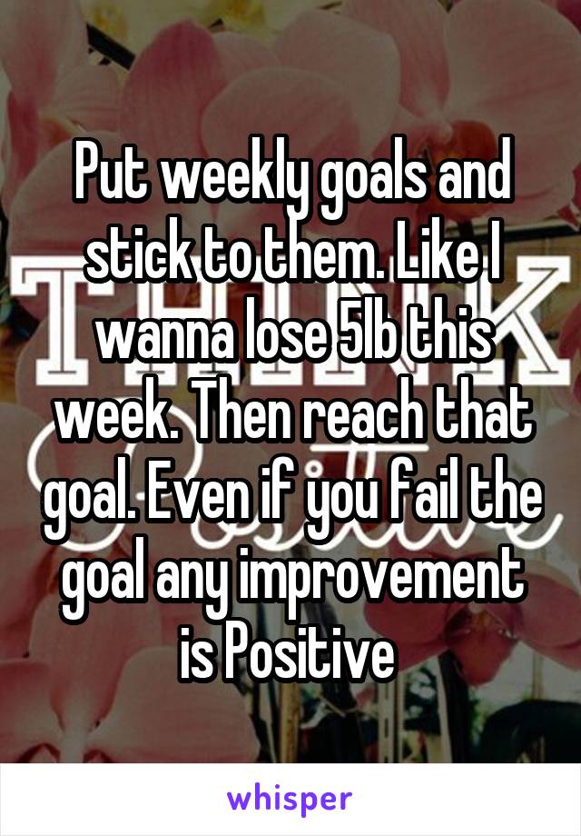 Put weekly goals and stick to them. Like I wanna lose 5lb this week. Then reach that goal. Even if you fail the goal any improvement is Positive 