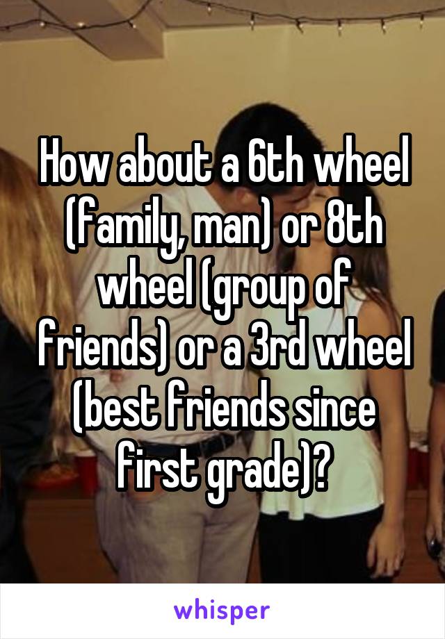 How about a 6th wheel (family, man) or 8th wheel (group of friends) or a 3rd wheel (best friends since first grade)?