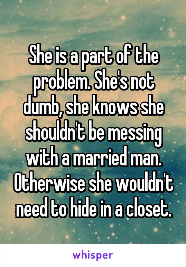 She is a part of the problem. She's not dumb, she knows she shouldn't be messing with a married man. Otherwise she wouldn't need to hide in a closet.