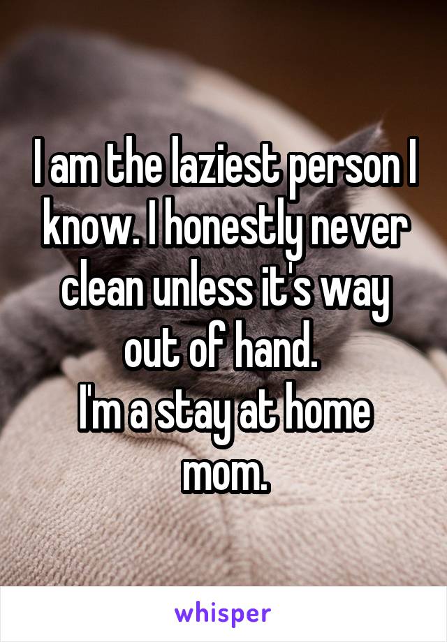 I am the laziest person I know. I honestly never clean unless it's way out of hand. 
I'm a stay at home mom.