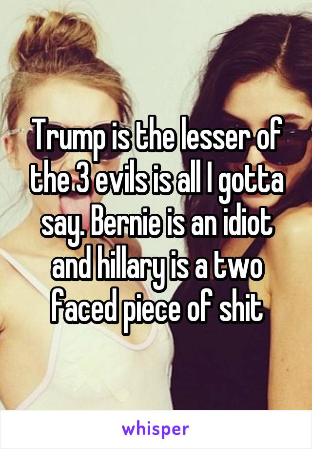 Trump is the lesser of the 3 evils is all I gotta say. Bernie is an idiot and hillary is a two faced piece of shit