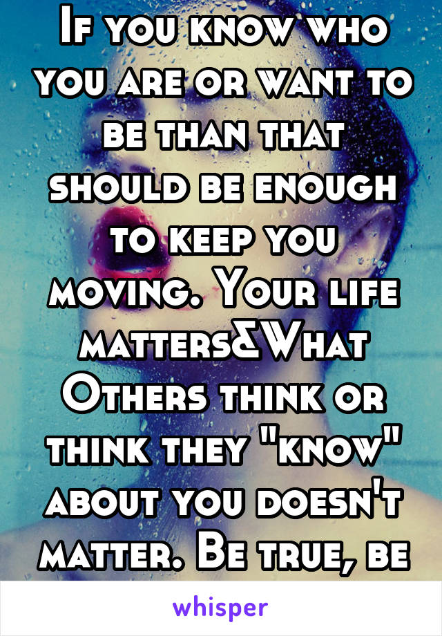 If you know who you are or want to be than that should be enough to keep you moving. Your life matters&What Others think or think they "know" about you doesn't matter. Be true, be strong, and live.