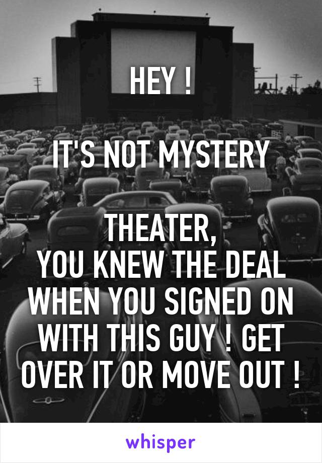 HEY !

IT'S NOT MYSTERY

THEATER,
YOU KNEW THE DEAL WHEN YOU SIGNED ON WITH THIS GUY ! GET OVER IT OR MOVE OUT !