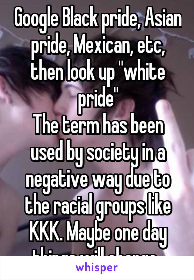Google Black pride, Asian pride, Mexican, etc, then look up "white pride"
The term has been used by society in a negative way due to the racial groups like KKK. Maybe one day things will change. 