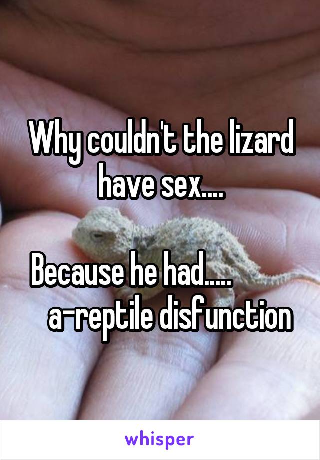 Why couldn't the lizard have sex....

Because he had.....               a-reptile disfunction 