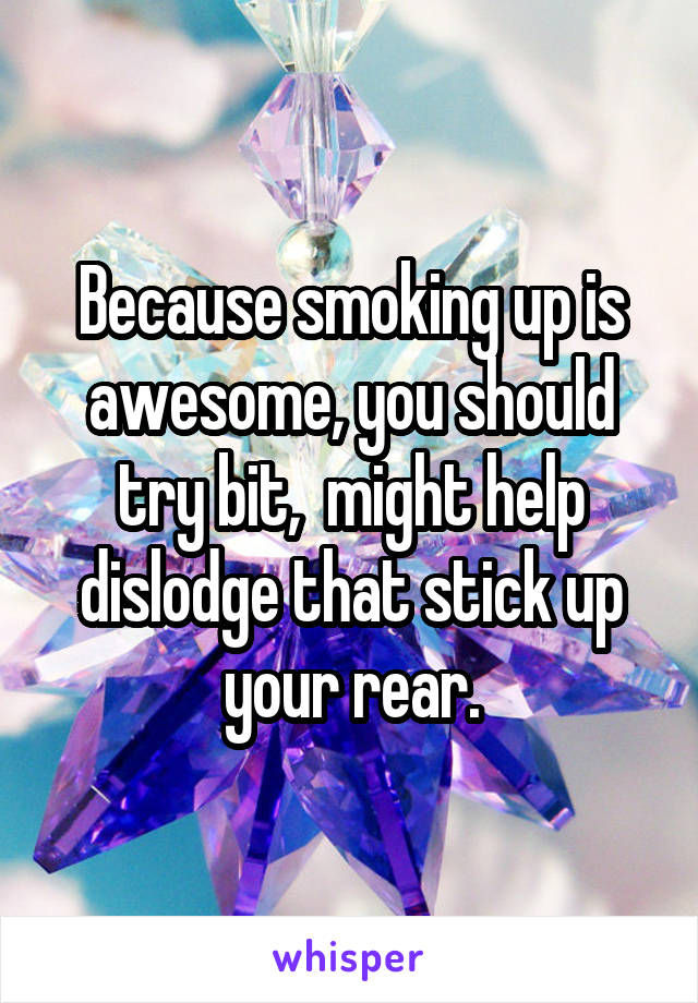 Because smoking up is awesome, you should try bit,  might help dislodge that stick up your rear.