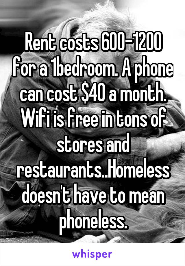 Rent costs 600-1200 for a 1bedroom. A phone can cost $40 a month. Wifi is free in tons of stores and restaurants..Homeless doesn't have to mean phoneless.