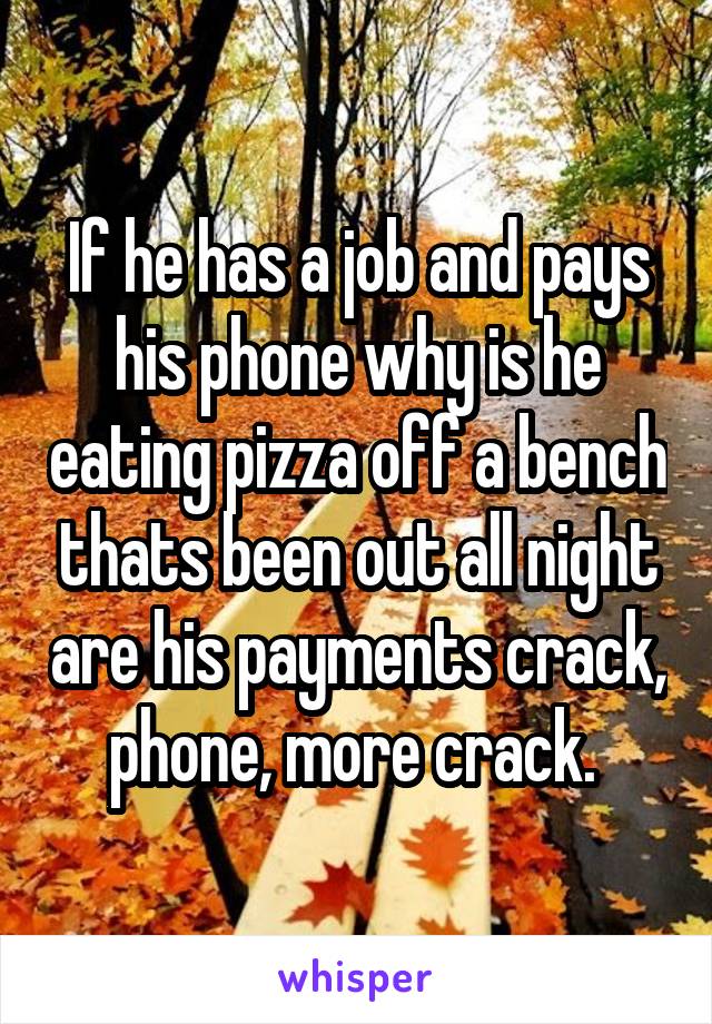 If he has a job and pays his phone why is he eating pizza off a bench thats been out all night are his payments crack, phone, more crack. 