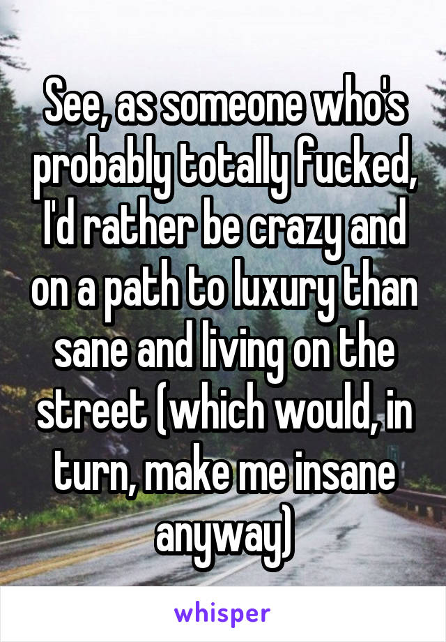 See, as someone who's probably totally fucked, I'd rather be crazy and on a path to luxury than sane and living on the street (which would, in turn, make me insane anyway)