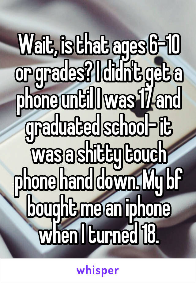 Wait, is that ages 6-10 or grades? I didn't get a phone until I was 17 and graduated school- it was a shitty touch phone hand down. My bf bought me an iphone when I turned 18.