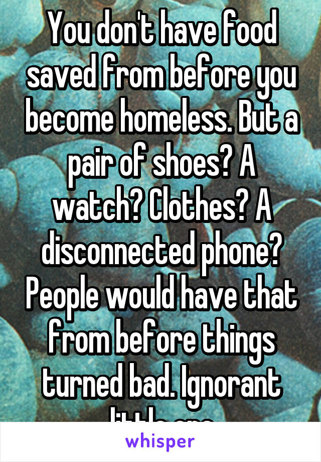 You don't have food saved from before you become homeless. But a pair of shoes? A watch? Clothes? A disconnected phone? People would have that from before things turned bad. Ignorant little one