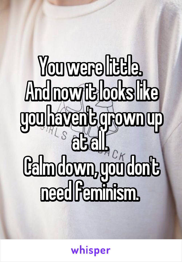 You were little. 
And now it looks like you haven't grown up at all. 
Calm down, you don't need feminism. 