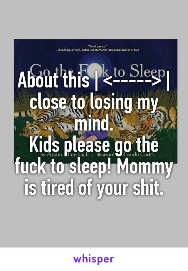 About this | <-----> | close to losing my mind.
Kids please go the fuck to sleep! Mommy is tired of your shit.