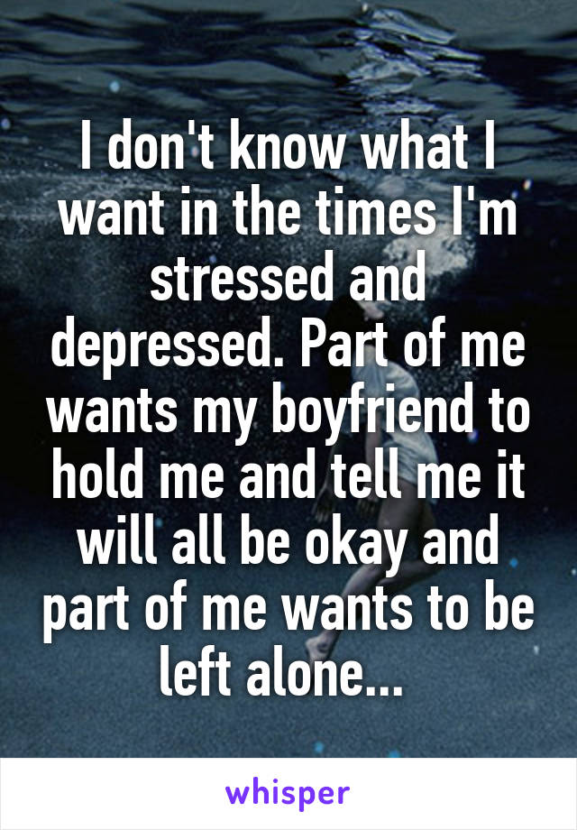 I don't know what I want in the times I'm stressed and depressed. Part of me wants my boyfriend to hold me and tell me it will all be okay and part of me wants to be left alone... 