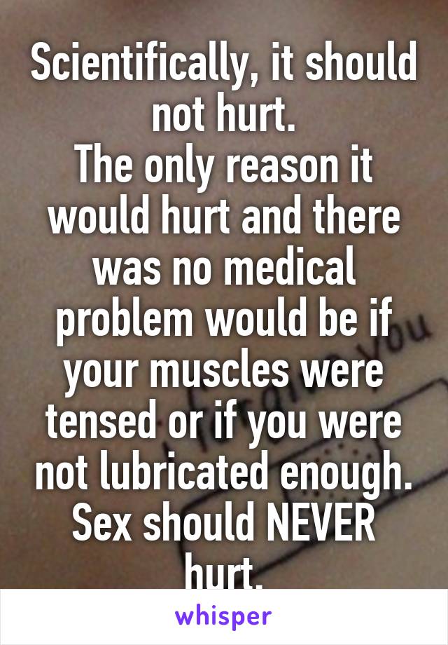 Scientifically, it should not hurt.
The only reason it would hurt and there was no medical problem would be if your muscles were tensed or if you were not lubricated enough.
Sex should NEVER hurt.