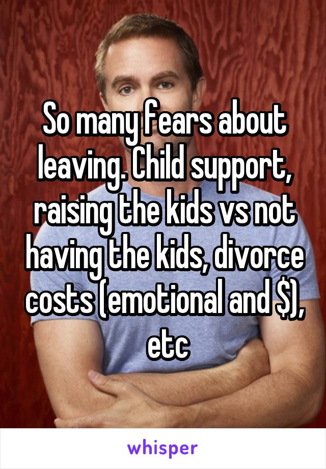 So many fears about leaving. Child support, raising the kids vs not having the kids, divorce costs (emotional and $),  etc