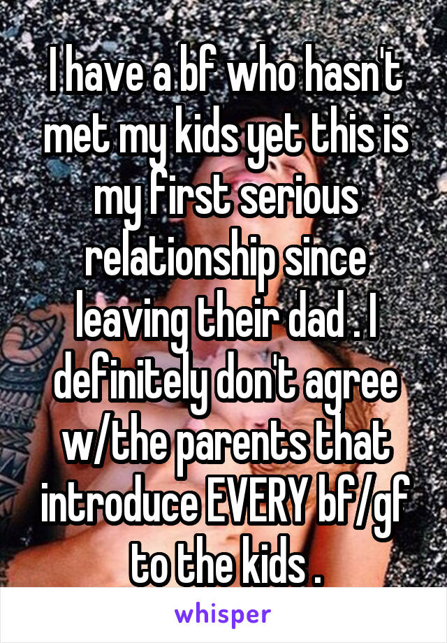 I have a bf who hasn't met my kids yet this is my first serious relationship since leaving their dad . I definitely don't agree w/the parents that introduce EVERY bf/gf to the kids .