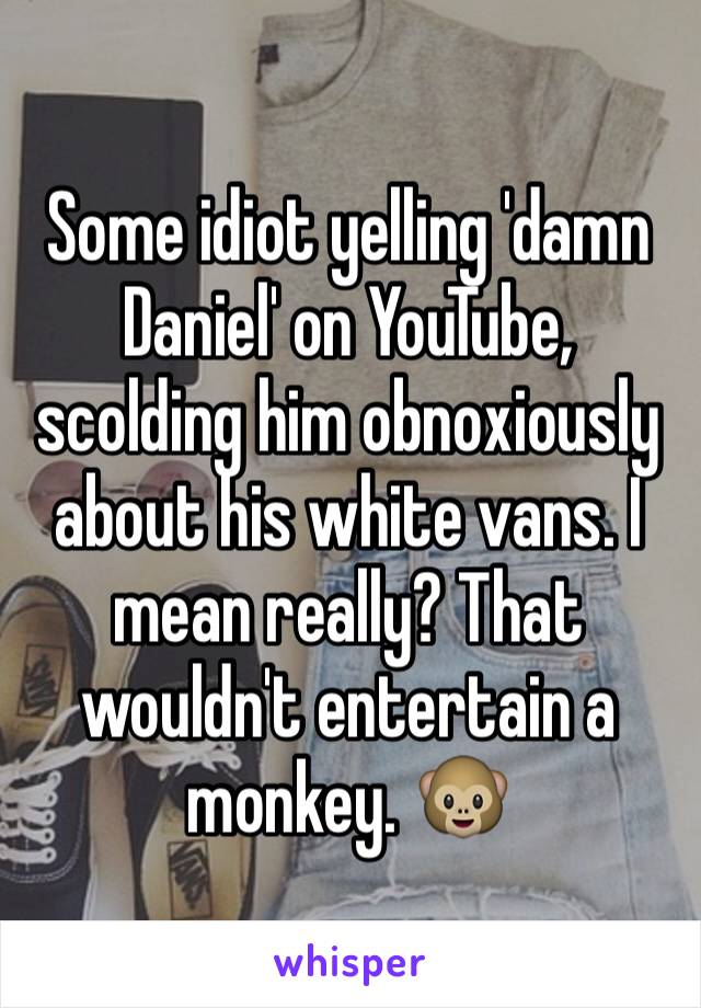 Some idiot yelling 'damn Daniel' on YouTube, scolding him obnoxiously about his white vans. I mean really? That wouldn't entertain a monkey. 🐵