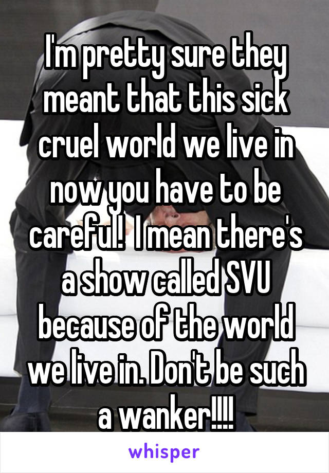 I'm pretty sure they meant that this sick cruel world we live in now you have to be careful!  I mean there's a show called SVU because of the world we live in. Don't be such a wanker!!!!