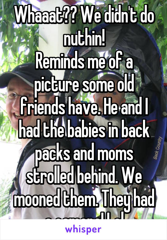 Whaaat?? We didn't do nuthin!
Reminds me of a picture some old friends have. He and I had the babies in back packs and moms strolled behind. We mooned them. They had a camera! Lol