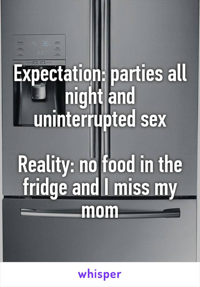 Expectation: parties all night and uninterrupted sex

Reality: no food in the fridge and I miss my mom
