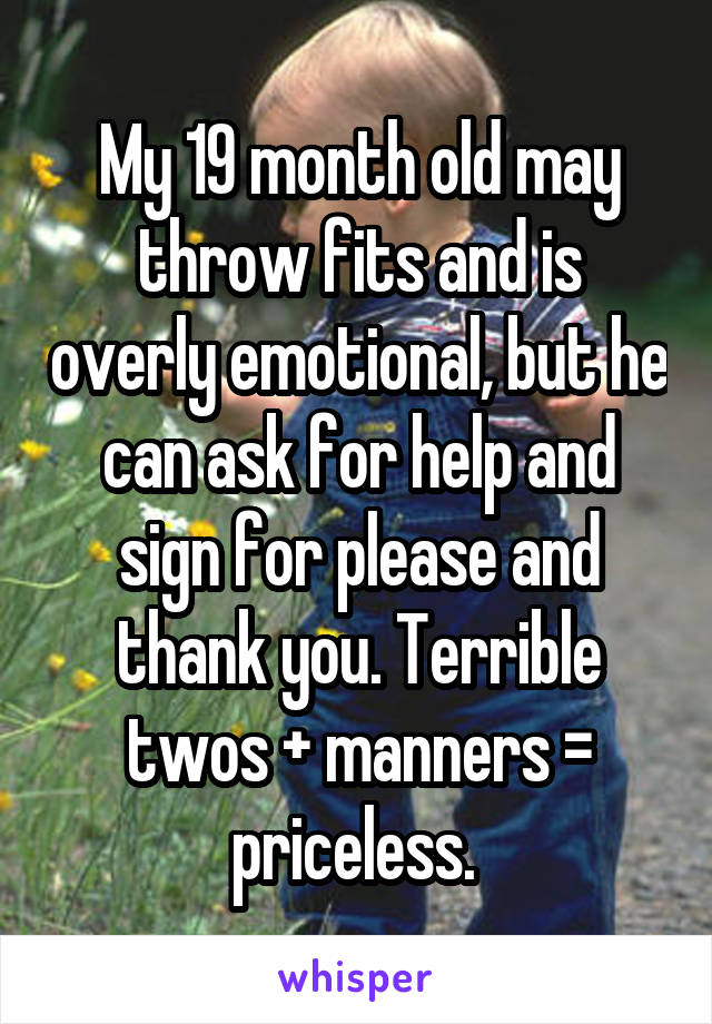 My 19 month old may throw fits and is overly emotional, but he can ask for help and sign for please and thank you. Terrible twos + manners = priceless. 
