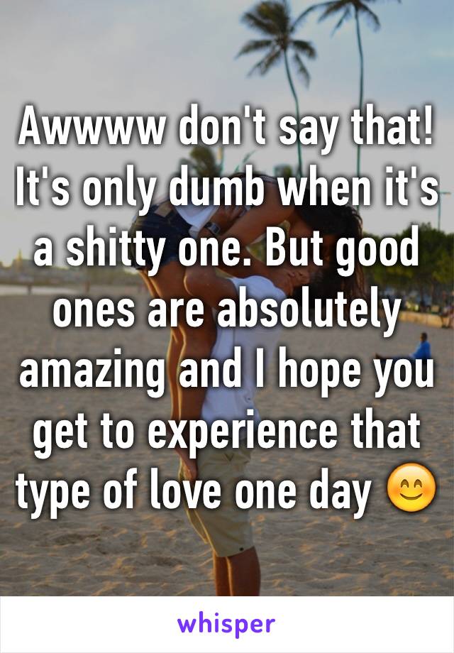 Awwww don't say that!
It's only dumb when it's a shitty one. But good ones are absolutely amazing and I hope you get to experience that type of love one day 😊