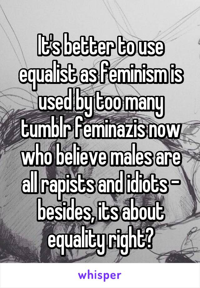 It's better to use equalist as feminism is used by too many tumblr feminazis now who believe males are all rapists and idiots - besides, its about equality right?